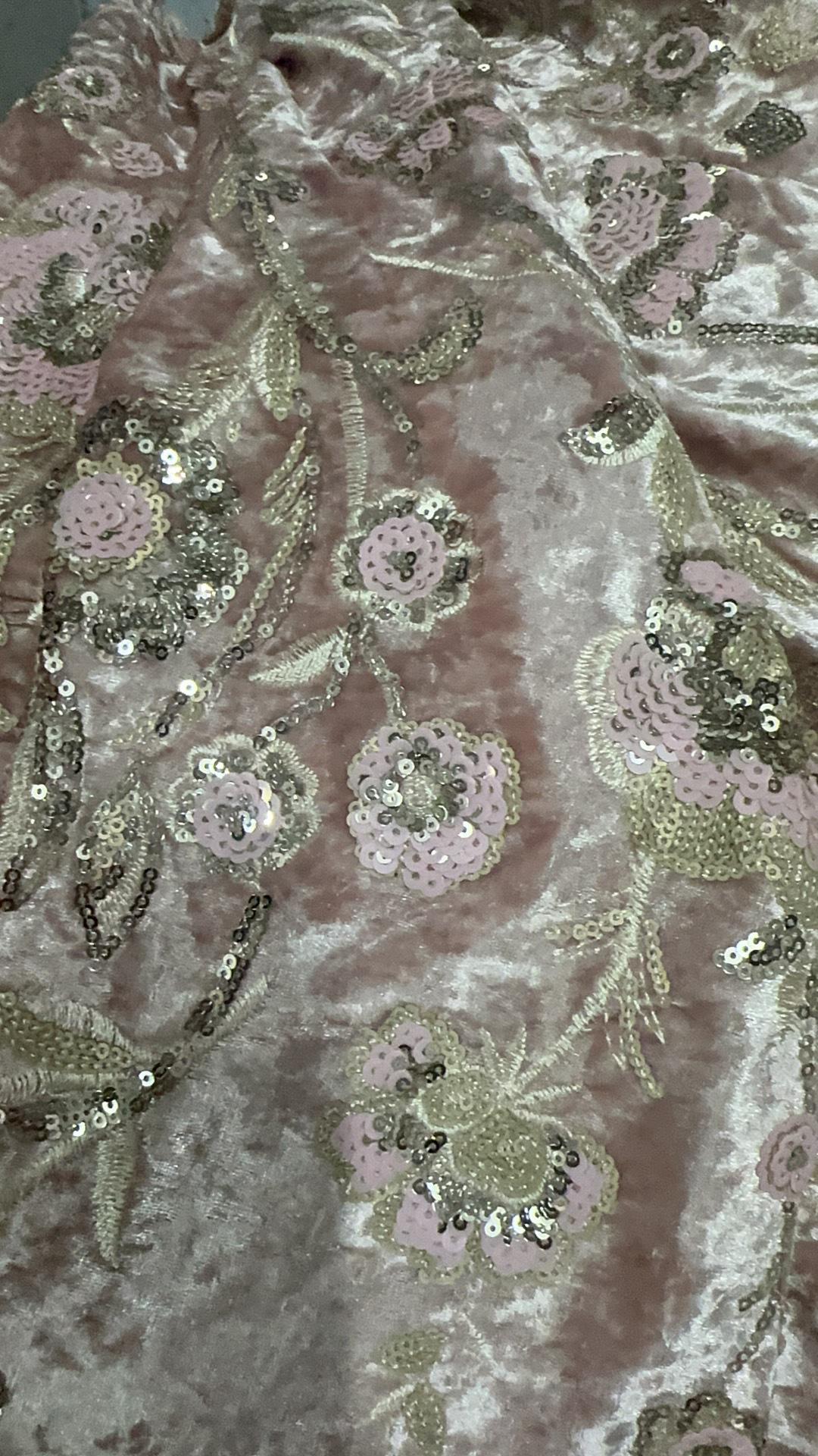 Blush Pink Velvet Floral Embroidered Sequin Fabric, Heavy Embellished Textile for Evening Gowns, Dresses, Costumes and DIY Sewing, 52"Wide