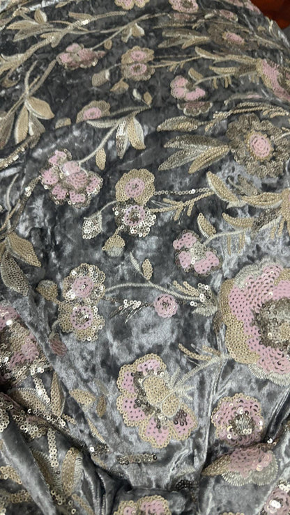Blush Pink Velvet Floral Embroidered Sequin Fabric, Heavy Embellished Textile for Evening Gowns, Dresses, Costumes and DIY Sewing, 52"Wide
