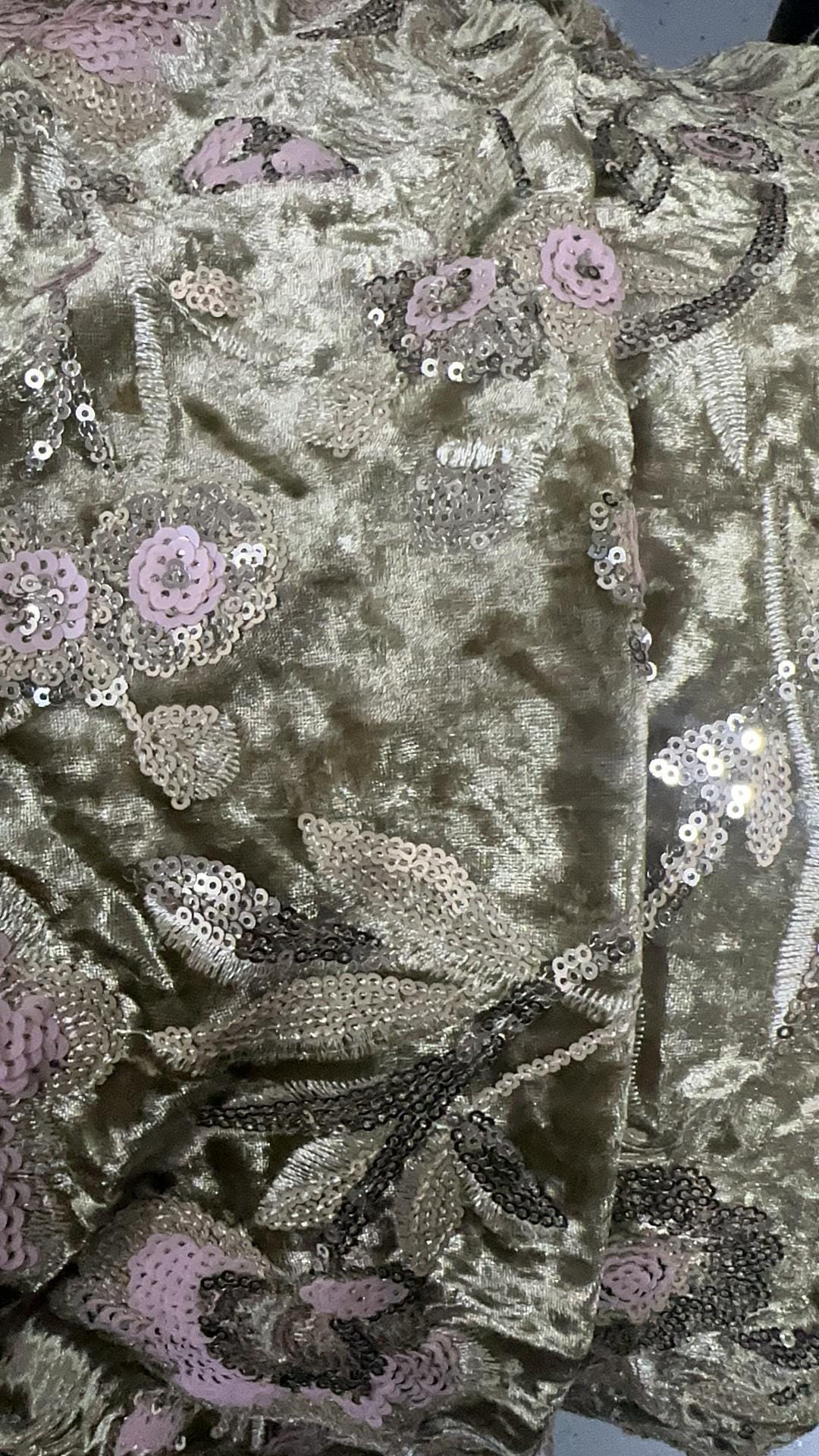 Blush Pink Velvet Floral Embroidered Sequin Fabric, Heavy Embellished Textile for Evening Gowns, Dresses, Costumes and DIY Sewing, 52"Wide