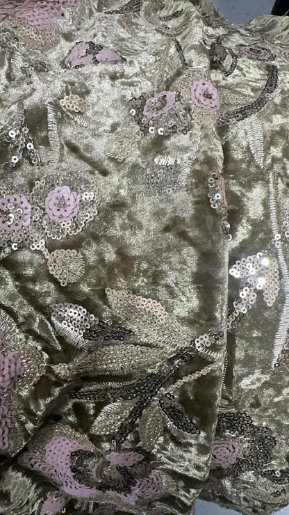 Blush Pink Velvet Floral Embroidered Sequin Fabric, Heavy Embellished Textile for Evening Gowns, Dresses, Costumes and DIY Sewing, 52"Wide