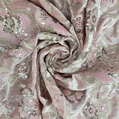 Blush Pink Velvet Floral Embroidered Sequin Fabric, Heavy Embellished Textile for Evening Gowns, Dresses, Costumes and DIY Sewing, 52"Wide