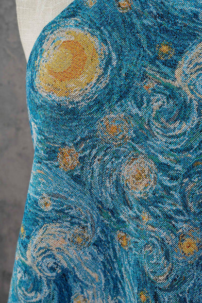 Blue Swirling Night Sky Jacquard Fabric, Textured Yarn-Dyed Woven Upholstery Textile for Cushions, Furniture, Bags and Home Decor, 58"Wide