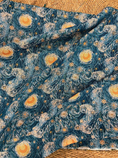 Blue Swirling Night Sky Jacquard Fabric, Textured Yarn-Dyed Woven Upholstery Textile for Cushions, Furniture, Bags and Home Decor, 58"Wide
