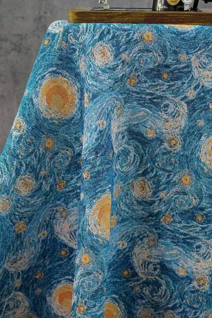 Blue Swirling Night Sky Jacquard Fabric, Textured Yarn-Dyed Woven Upholstery Textile for Cushions, Furniture, Bags and Home Decor, 58"Wide
