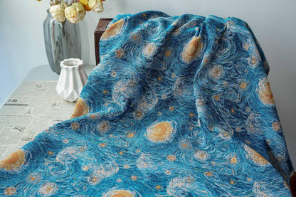 Blue Swirling Night Sky Jacquard Fabric, Textured Yarn-Dyed Woven Upholstery Textile for Cushions, Furniture, Bags and Home Decor, 58"Wide