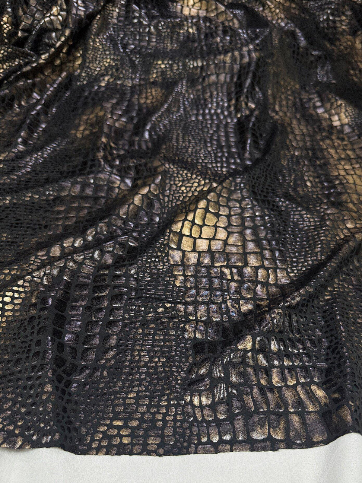 Black Gold Metallic Snake Print Stretch Fabric, High Stretch Foil-Coated Textile for Bodysuits, Leggings, Dancewear and Costumes, 57"Wide