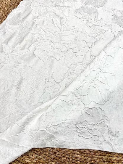 Ivory White Embossed Peony Floral Jacquard Fabric, 3D Textured Woven Fabric for Dresses, Cheongsam, Bridal Wear and Crafts, 55" Wide
