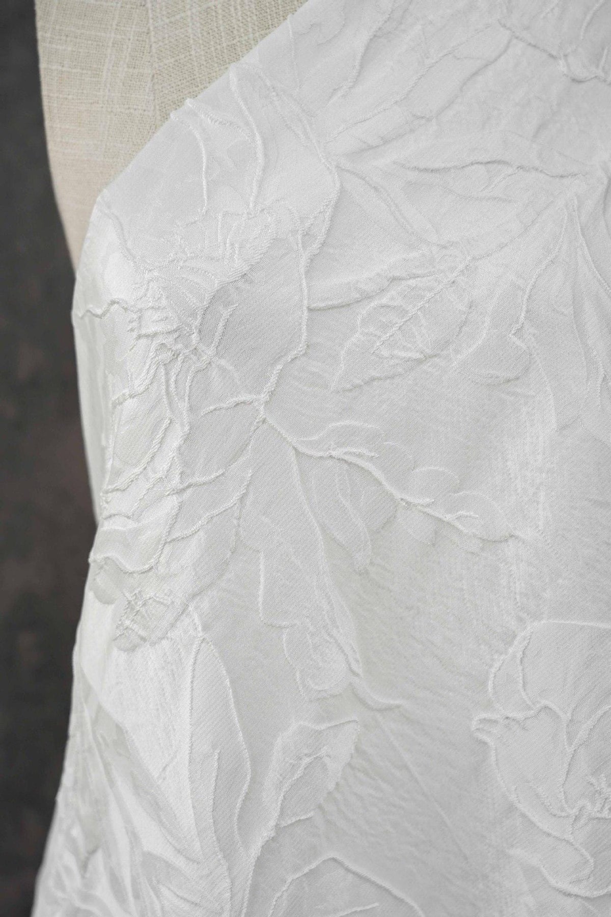 Ivory White Embossed Peony Floral Jacquard Fabric, 3D Textured Woven Fabric for Dresses, Cheongsam, Bridal Wear and Crafts, 55" Wide