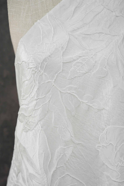 Ivory White Embossed Peony Floral Jacquard Fabric, 3D Textured Woven Fabric for Dresses, Cheongsam, Bridal Wear and Crafts, 55" Wide