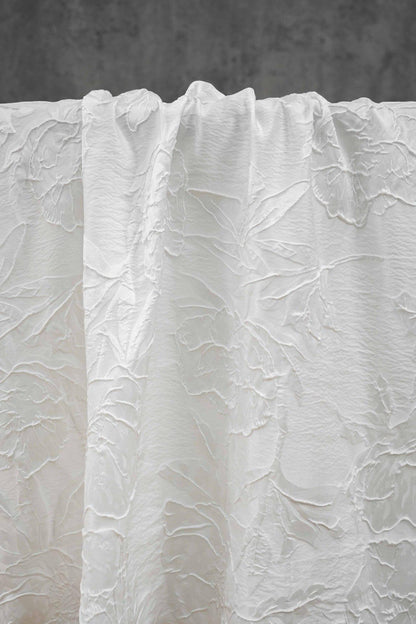 Ivory White Embossed Peony Floral Jacquard Fabric, 3D Textured Woven Fabric for Dresses, Cheongsam, Bridal Wear and Crafts, 55" Wide