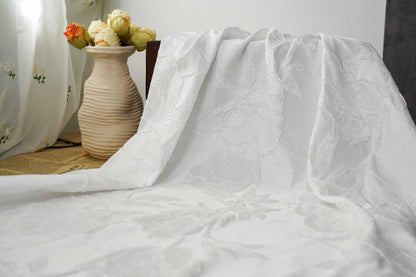 Ivory White Embossed Peony Floral Jacquard Fabric, 3D Textured Woven Fabric for Dresses, Cheongsam, Bridal Wear and Crafts, 55" Wide