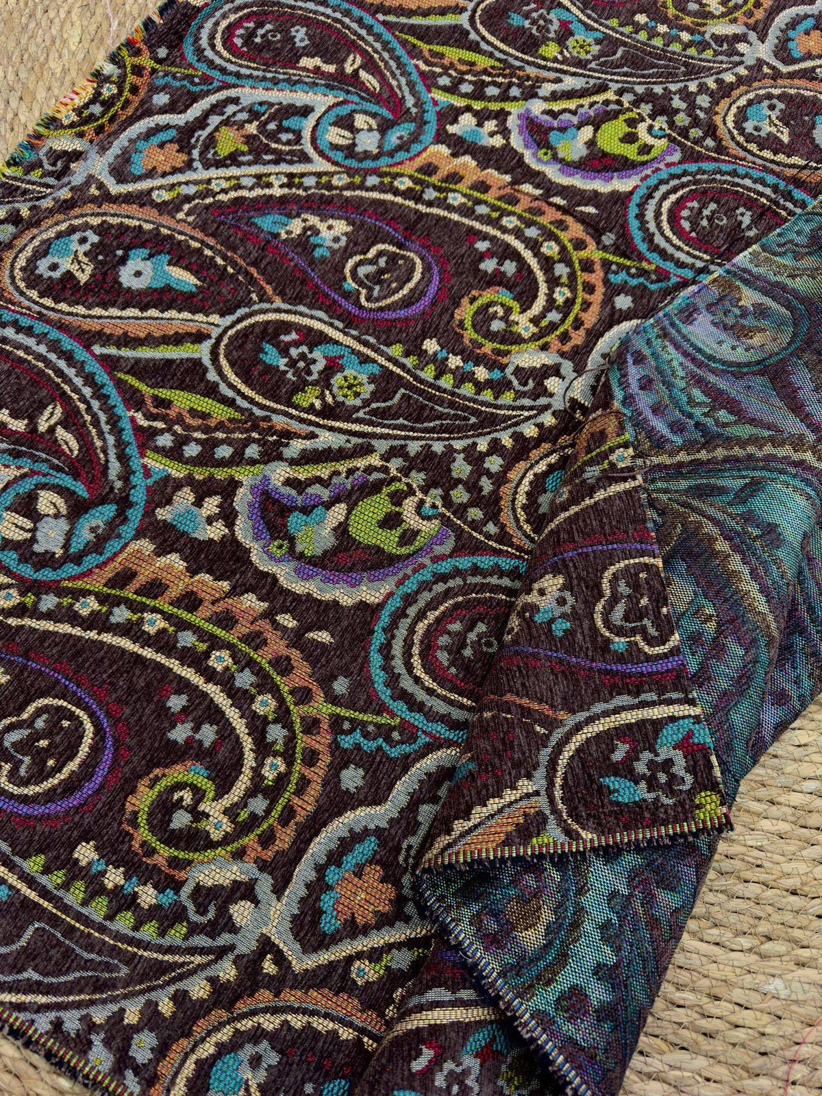 Vintage Brown Paisley Jacquard Fabric, Multicolor Woven Ethnic Pattern Textile for Coats, Jackets, Bags, Upholstery and Home Decor, 58" Wide