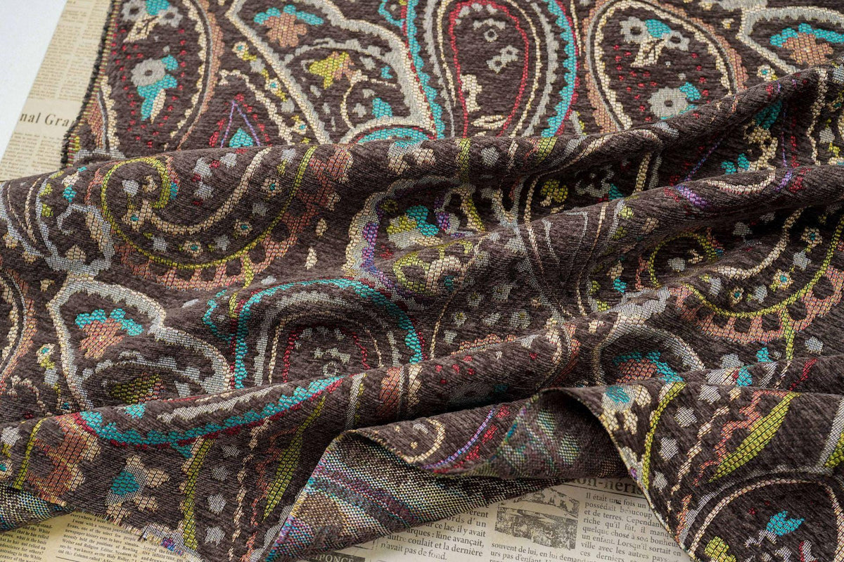 Vintage Brown Paisley Jacquard Fabric, Multicolor Woven Ethnic Pattern Textile for Coats, Jackets, Bags, Upholstery and Home Decor, 58" Wide