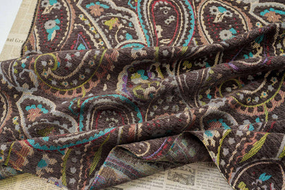 Vintage Brown Paisley Jacquard Fabric, Multicolor Woven Ethnic Pattern Textile for Coats, Jackets, Bags, Upholstery and Home Decor, 58" Wide