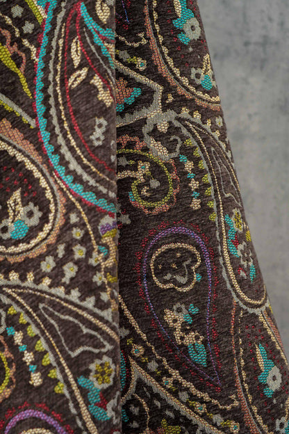 Vintage Brown Paisley Jacquard Fabric, Multicolor Woven Ethnic Pattern Textile for Coats, Jackets, Bags, Upholstery and Home Decor, 58" Wide