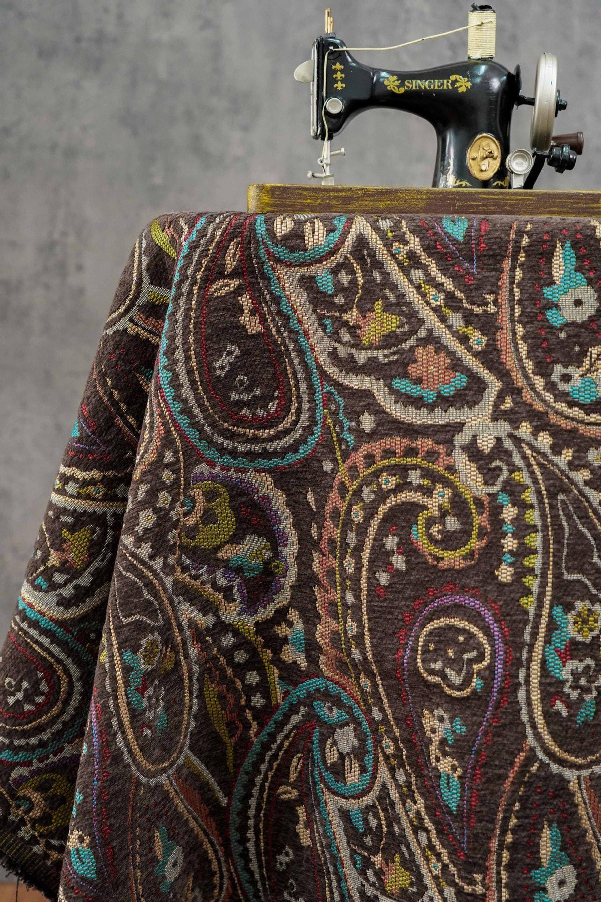 Vintage Brown Paisley Jacquard Fabric, Multicolor Woven Ethnic Pattern Textile for Coats, Jackets, Bags, Upholstery and Home Decor, 58" Wide