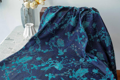 Navy Blue Turquoise Floral Chenille Jacquard Fabric, Textured Bird and Flower Brocade for Cheongsam, Jackets, Bags and Home Decor, 59" Wide