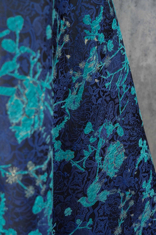 Navy Blue Turquoise Floral Chenille Jacquard Fabric, Textured Bird and Flower Brocade for Cheongsam, Jackets, Bags and Home Decor, 59" Wide - Poppylollipop