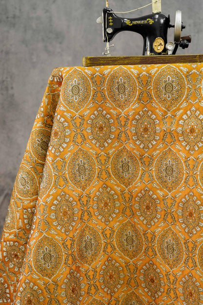 Persian Floral Medallion Jacquard Fabric, Metallic Gold Thread Brocade with Diamond Pattern for Cheongsam, Jackets, Bags and Home Decor, 63"