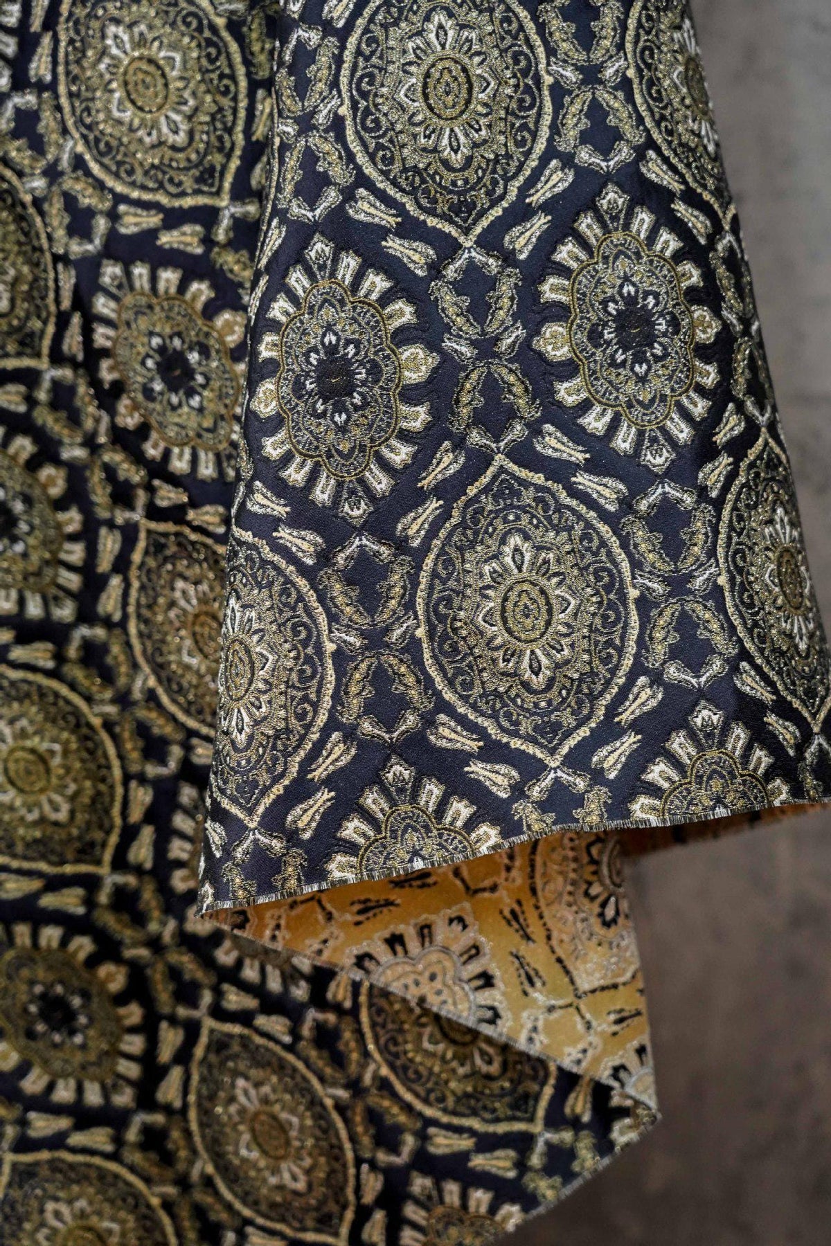 Persian Floral Medallion Jacquard Fabric, Metallic Gold Thread Brocade with Diamond Pattern for Cheongsam, Jackets, Bags and Home Decor, 63"