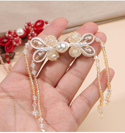 Hand Beaded Pearl Frog Buttons with Crystal Flowers and Tassels, Chinese Knot Closures for Cheongsam, Qipao and Sewing Crafts