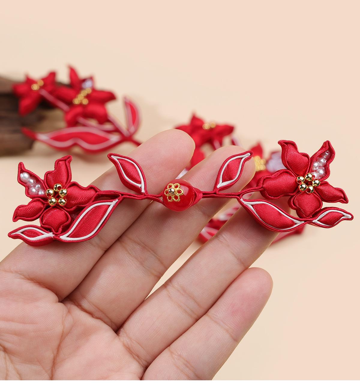 Red Floral Chinese Frog Buttons with Pearl Beads and Gold Accents, Decorative Flower Knot Closures for Cheongsam, Qipao and Sewing
