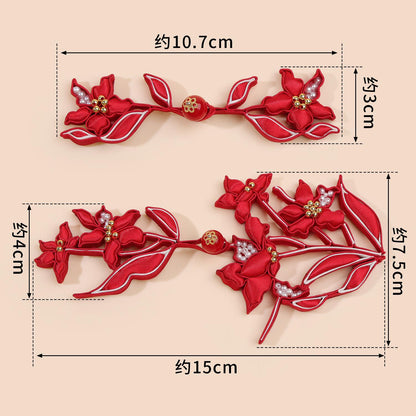 Red Floral Chinese Frog Buttons with Pearl Beads and Gold Accents, Decorative Flower Knot Closures for Cheongsam, Qipao and Sewing