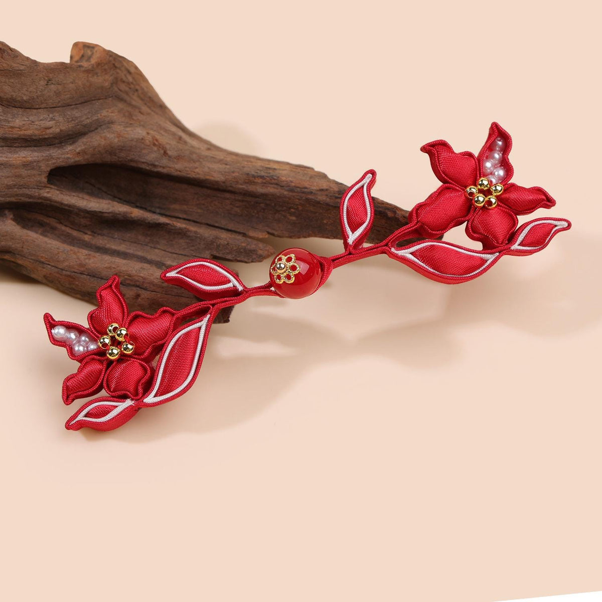 Red Floral Chinese Frog Buttons with Pearl Beads and Gold Accents, Decorative Flower Knot Closures for Cheongsam, Qipao and Sewing