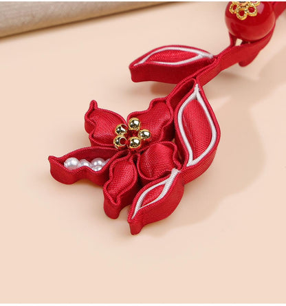 Red Floral Chinese Frog Buttons with Pearl Beads and Gold Accents, Decorative Flower Knot Closures for Cheongsam, Qipao and Sewing