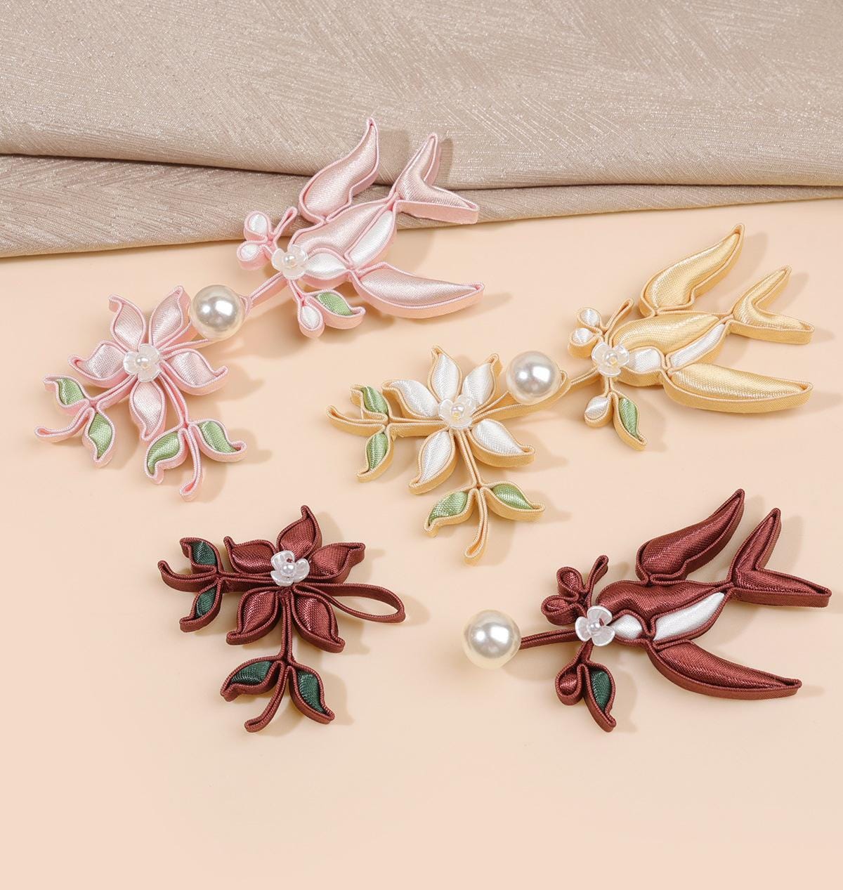 Chinese Swallow Bird Floral Frog Buttons with Faux Pearls, Decorative Knot Closures for Cheongsam, Qipao, Jackets and Sewing Crafts