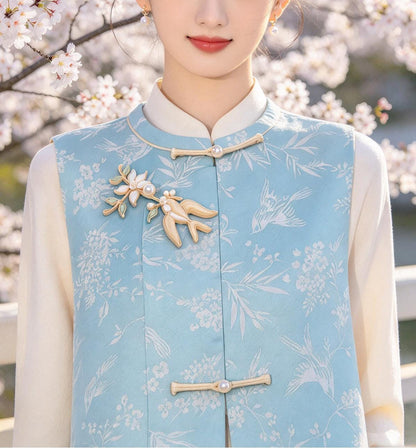 Chinese Swallow Bird Floral Frog Buttons with Faux Pearls, Decorative Knot Closures for Cheongsam, Qipao, Jackets and Sewing Crafts
