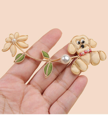 Cute Puppy Floral Frog Button with Faux Pearl, Yellow Dog Chinese Knot Closure for Cheongsam, Qipao, Cardigans and Sewing Crafts