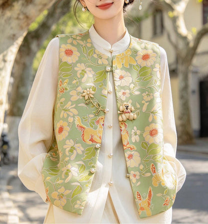Cute Puppy Floral Frog Button with Faux Pearl, Yellow Dog Chinese Knot Closure for Cheongsam, Qipao, Cardigans and Sewing Crafts
