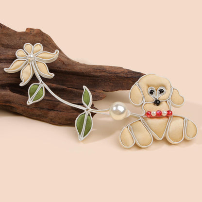 Cute Puppy Floral Frog Button with Faux Pearl, Yellow Dog Chinese Knot Closure for Cheongsam, Qipao, Cardigans and Sewing Crafts