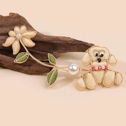 Cute Puppy Floral Frog Button with Faux Pearl, Yellow Dog Chinese Knot Closure for Cheongsam, Qipao, Cardigans and Sewing Crafts