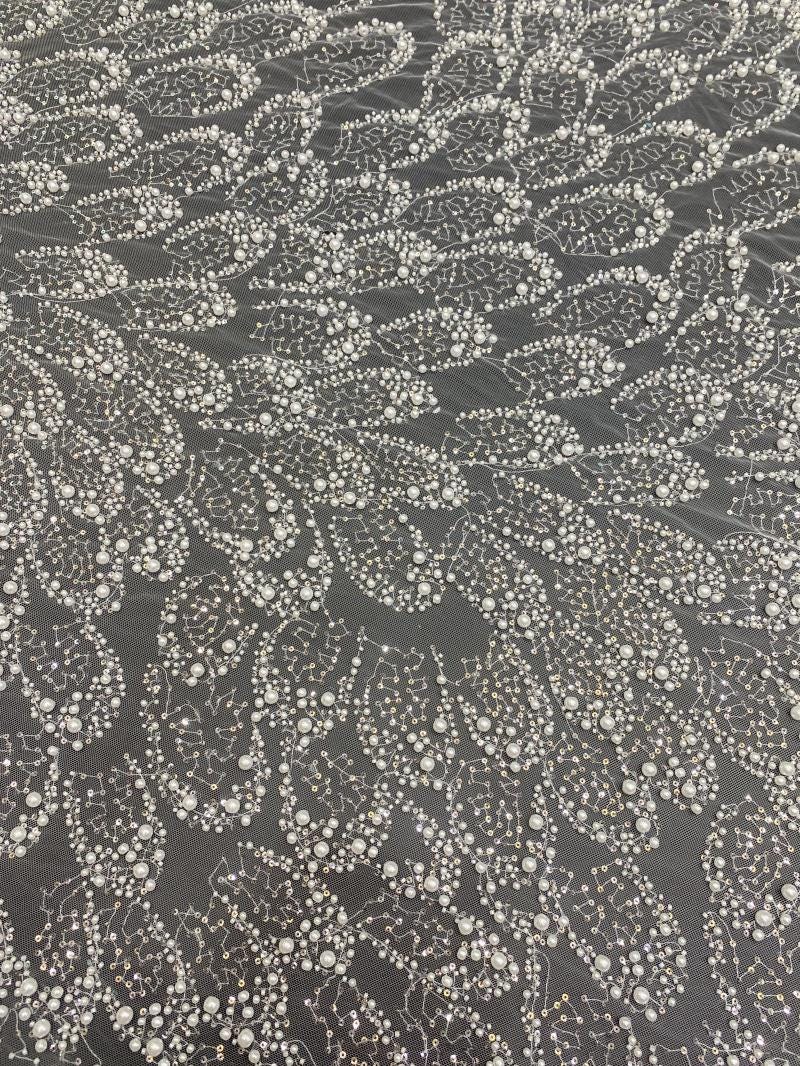 Ivory Pearl Beaded Mesh Lace Fabric, 3D Embroidered Tulle with Floral Vine Pattern for Wedding Dresses, Bridal Gowns and Evening Wear, 49"W