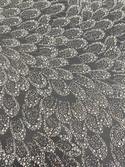 Ivory Pearl Beaded Mesh Lace Fabric, 3D Embroidered Tulle with Floral Vine Pattern for Wedding Dresses, Bridal Gowns and Evening Wear, 49"W
