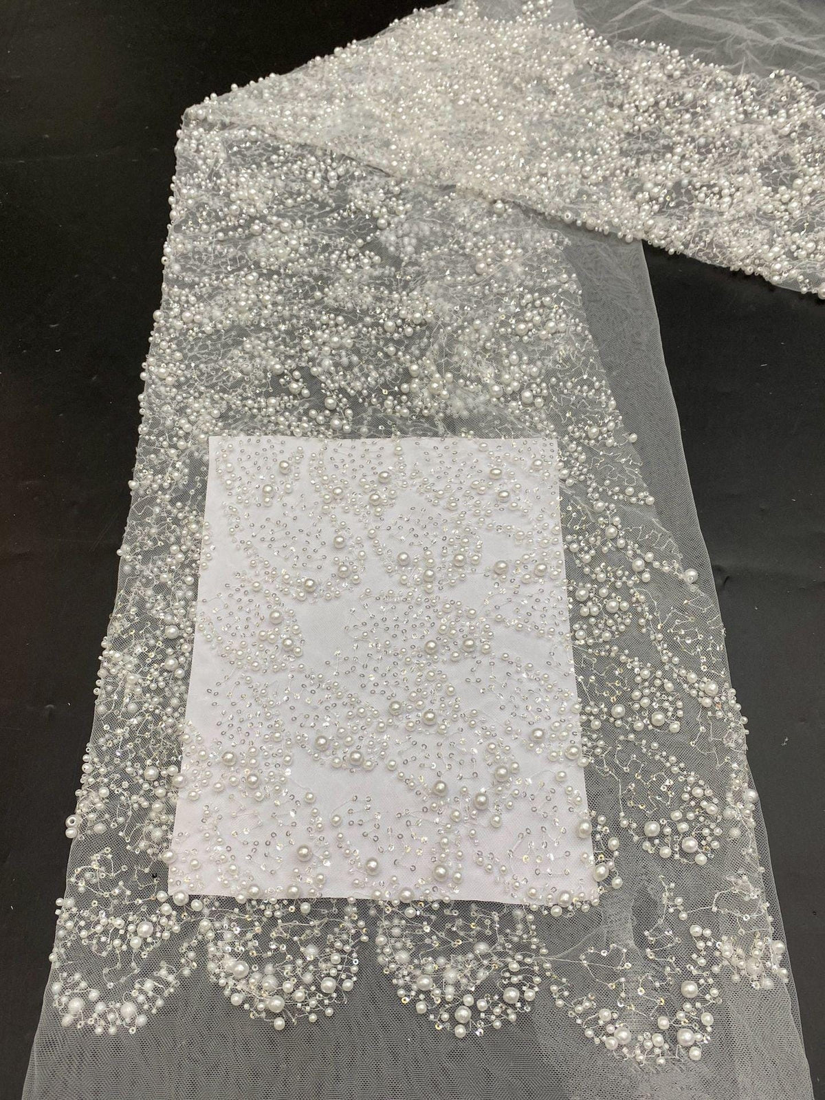 Ivory Pearl Beaded Mesh Lace Fabric, 3D Embroidered Tulle with Floral Vine Pattern for Wedding Dresses, Bridal Gowns and Evening Wear, 49"W