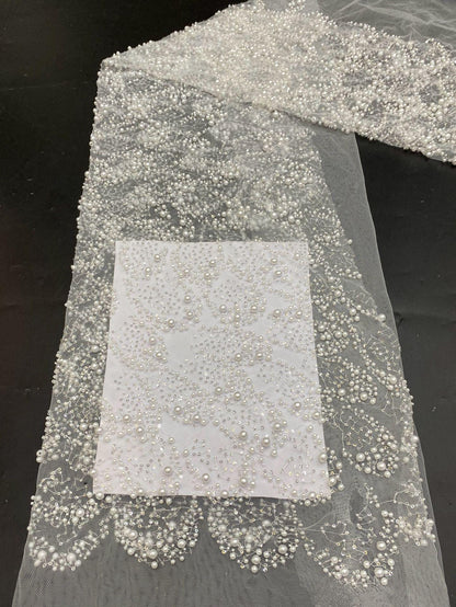 Ivory Pearl Beaded Mesh Lace Fabric, 3D Embroidered Tulle with Floral Vine Pattern for Wedding Dresses, Bridal Gowns and Evening Wear, 49"W