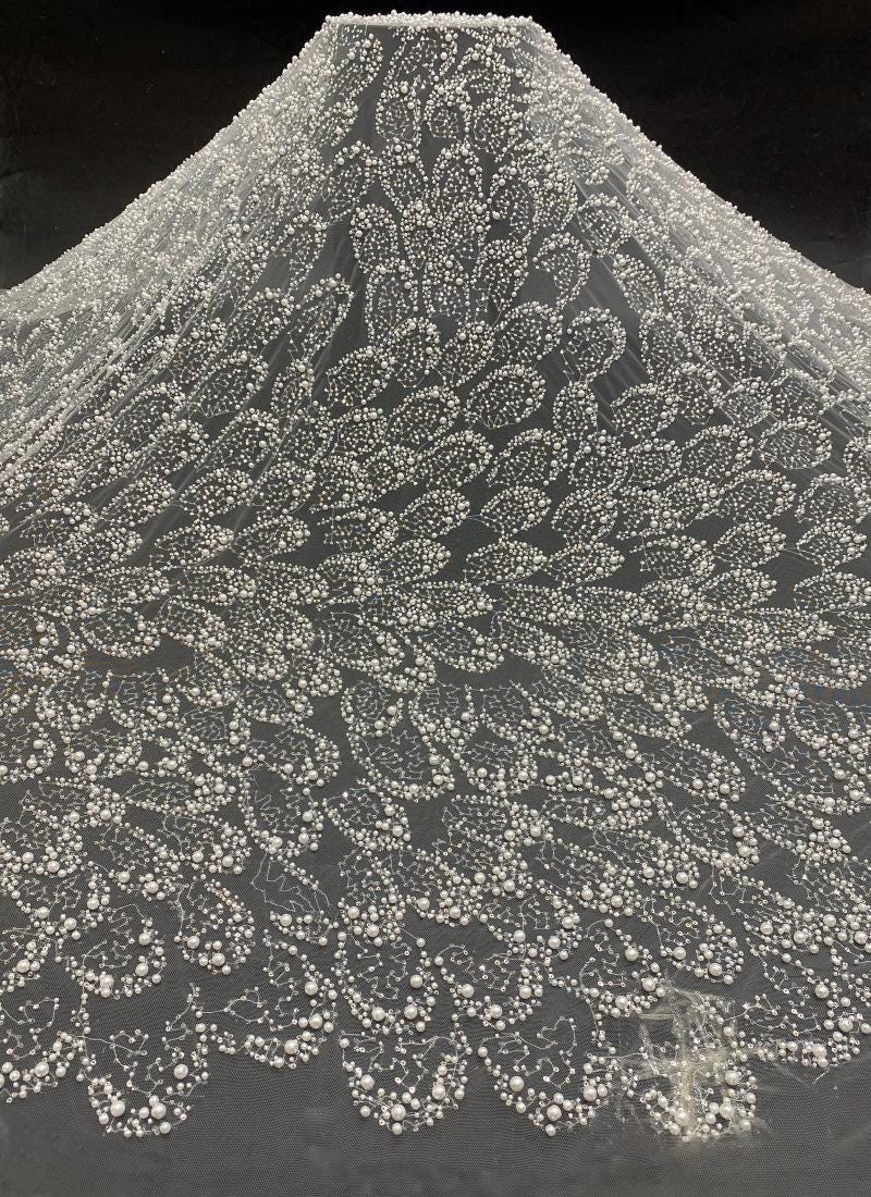 Ivory Pearl Beaded Mesh Lace Fabric, 3D Embroidered Tulle with Floral Vine Pattern for Wedding Dresses, Bridal Gowns and Evening Wear, 49"W