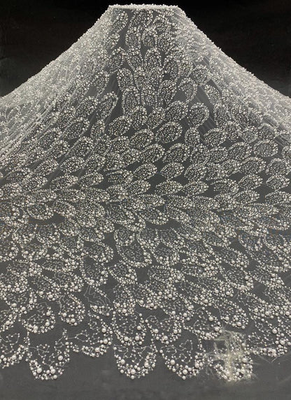Ivory Pearl Beaded Mesh Lace Fabric, 3D Embroidered Tulle with Floral Vine Pattern for Wedding Dresses, Bridal Gowns and Evening Wear, 49"W