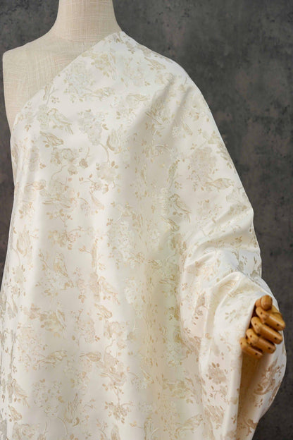 Ivory Gold Floral Bird Jacquard Fabric, Metallic Thread Brocade with Blossom and Vine Pattern for Cheongsam, Dresses, Jackets and Crafts, 59