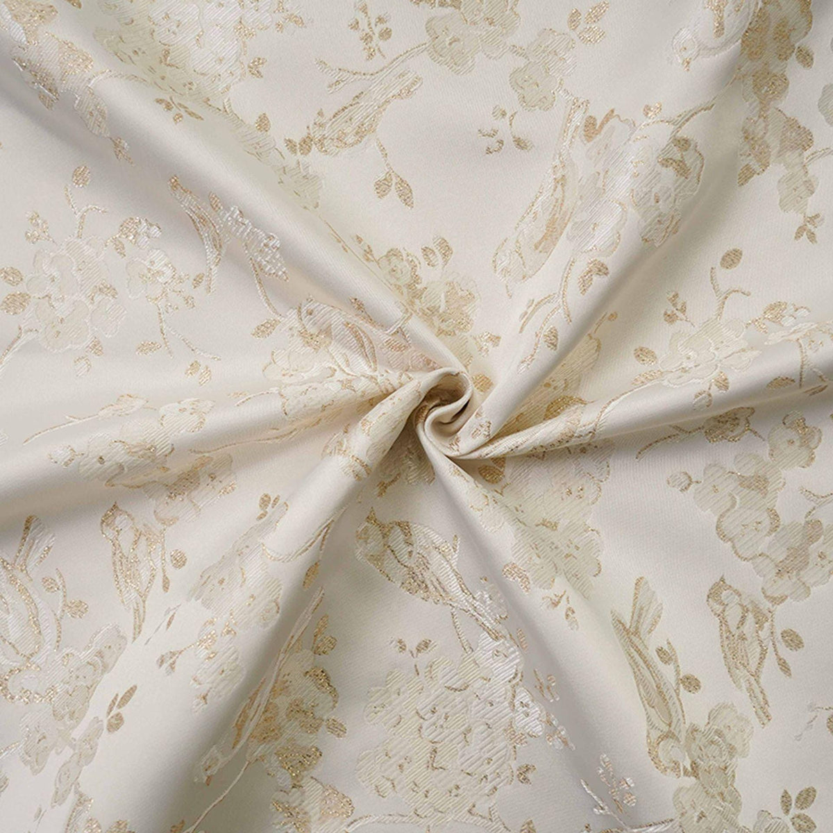 Ivory Gold Floral Bird Jacquard Fabric, Metallic Thread Brocade with Blossom and Vine Pattern for Cheongsam, Dresses, Jackets and Crafts, 59