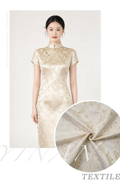 Ivory Gold Floral Bird Jacquard Fabric, Metallic Thread Brocade with Blossom and Vine Pattern for Cheongsam, Dresses, Jackets and Crafts, 59