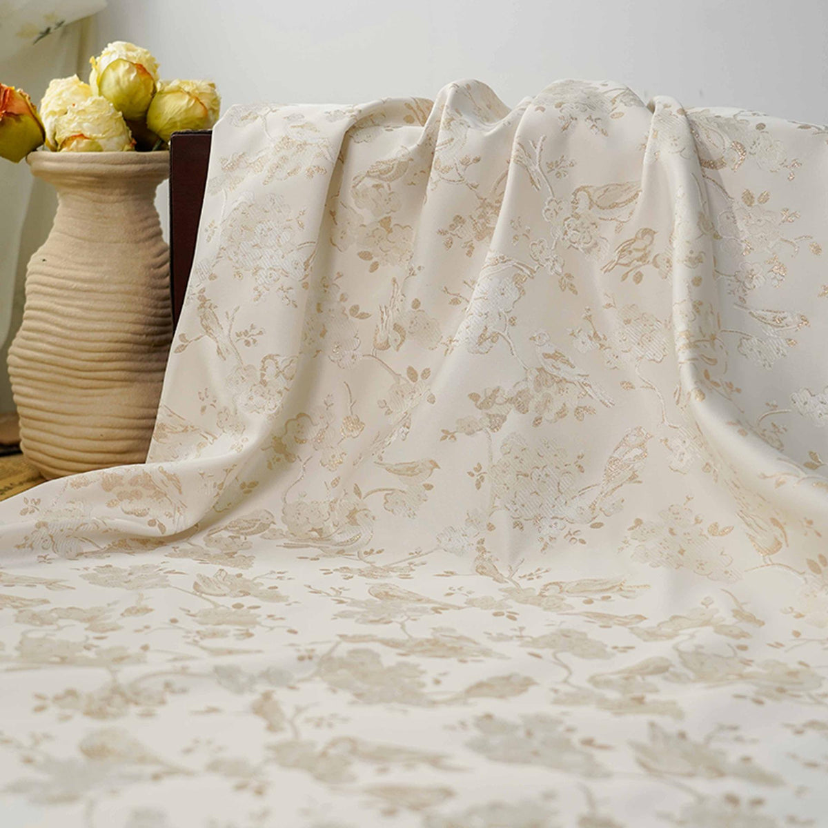 Ivory Gold Floral Bird Jacquard Fabric, Metallic Thread Brocade with Blossom and Vine Pattern for Cheongsam, Dresses, Jackets and Crafts, 59