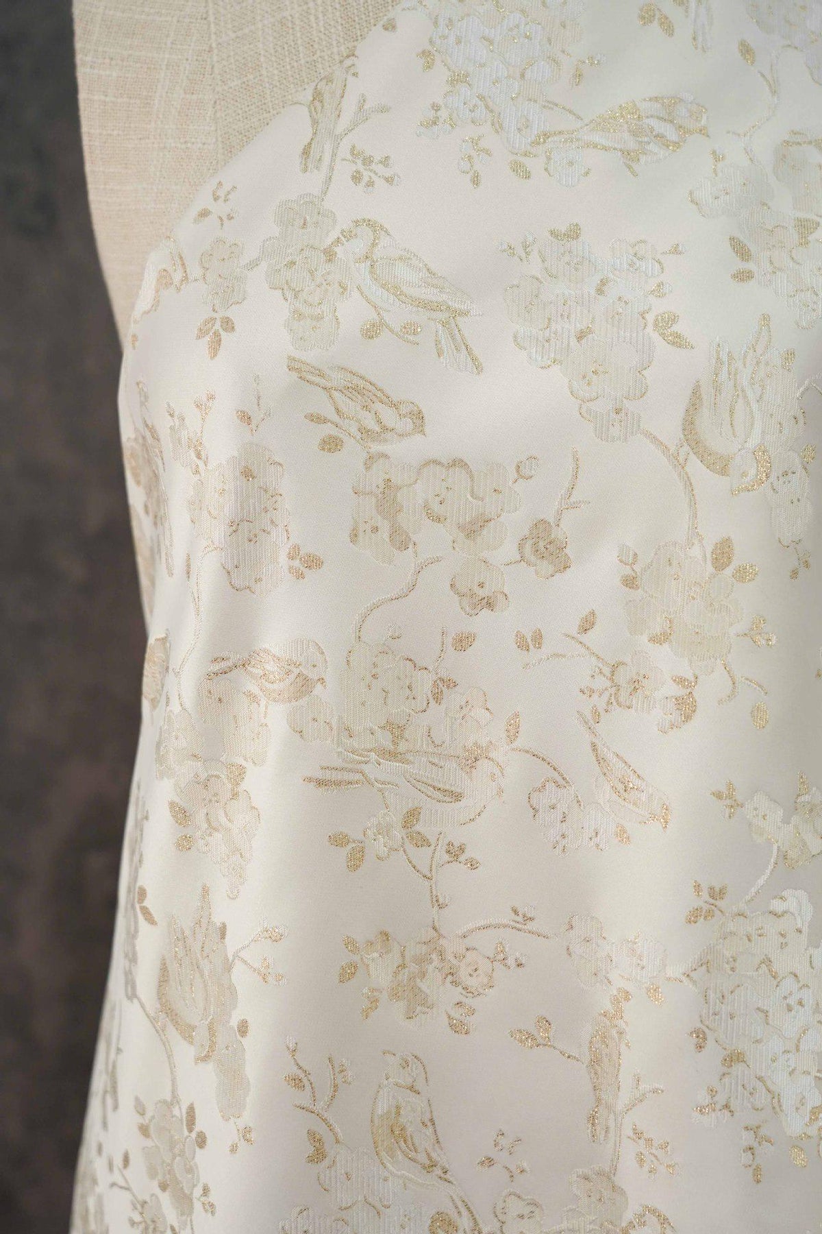 Ivory Gold Floral Bird Jacquard Fabric, Metallic Thread Brocade with Blossom and Vine Pattern for Cheongsam, Dresses, Jackets and Crafts, 59