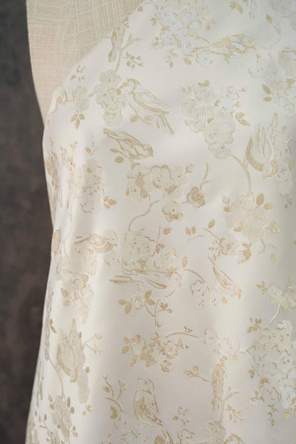 Ivory Gold Floral Bird Jacquard Fabric, Metallic Thread Brocade with Blossom and Vine Pattern for Cheongsam, Dresses, Jackets and Crafts, 59