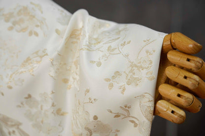 Ivory Gold Floral Bird Jacquard Fabric, Metallic Thread Brocade with Blossom and Vine Pattern for Cheongsam, Dresses, Jackets and Crafts, 59