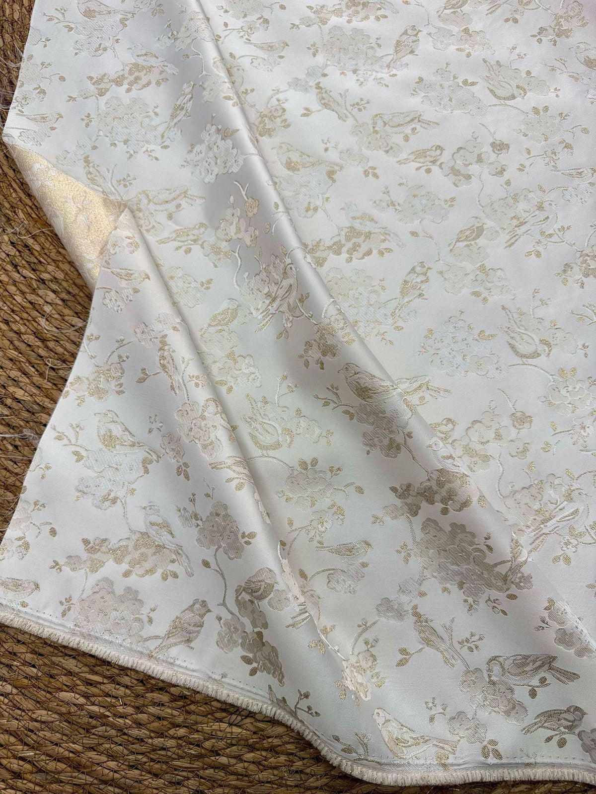 Ivory Gold Floral Bird Jacquard Fabric, Metallic Thread Brocade with Blossom and Vine Pattern for Cheongsam, Dresses, Jackets and Crafts, 59