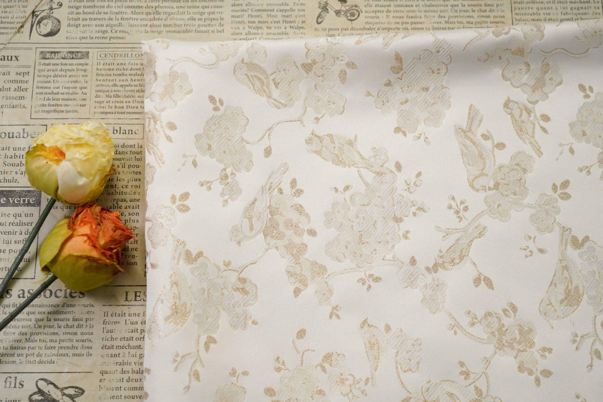 Ivory Gold Floral Bird Jacquard Fabric, Metallic Thread Brocade with Blossom and Vine Pattern for Cheongsam, Dresses, Jackets and Crafts, 59